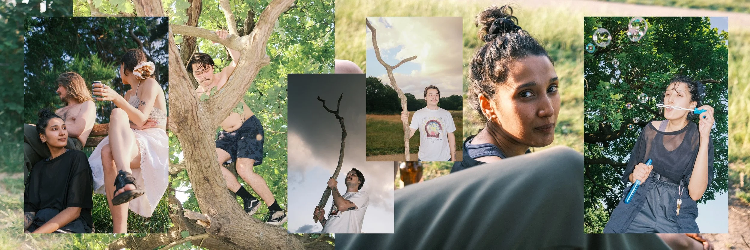 A collage of people enjoying outdoor activities in a wooded park, including sitting on a bench, climbing a tree, holding a branch, and blowing bubbles.