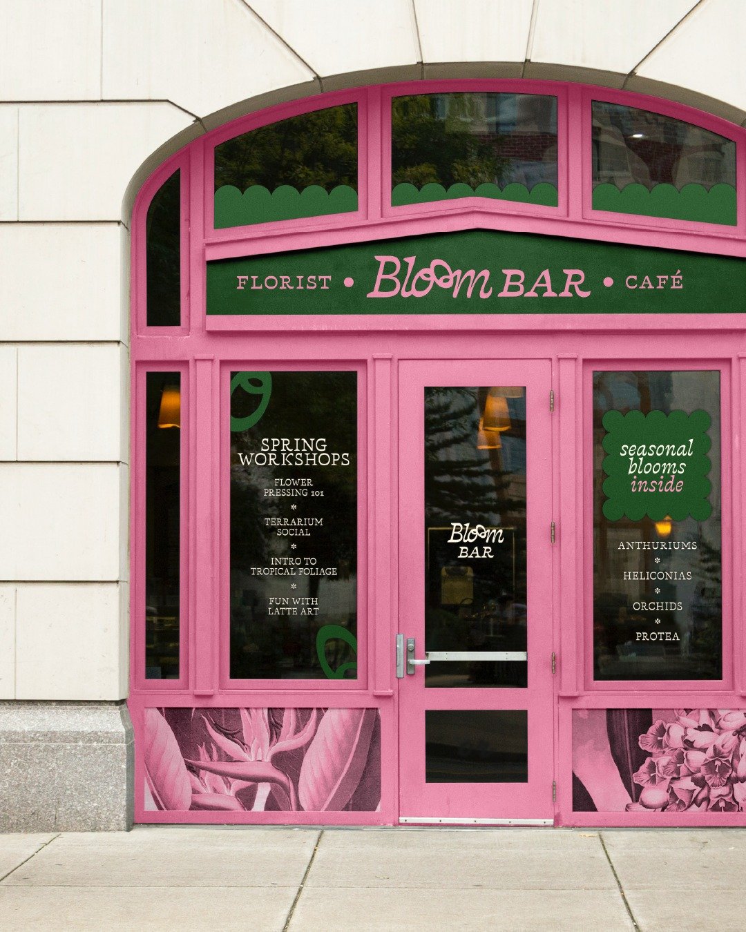 Pink goes good with green 🩷💚 Probably one of my favourite colour combos to work with 🥹 

Storefront, packaging, and branding design for Bloom Bar 💐 Tropical &amp; energetic, a florist and cafe in one ☕️ 

#graphicdesign #boldcolour #colourpalette