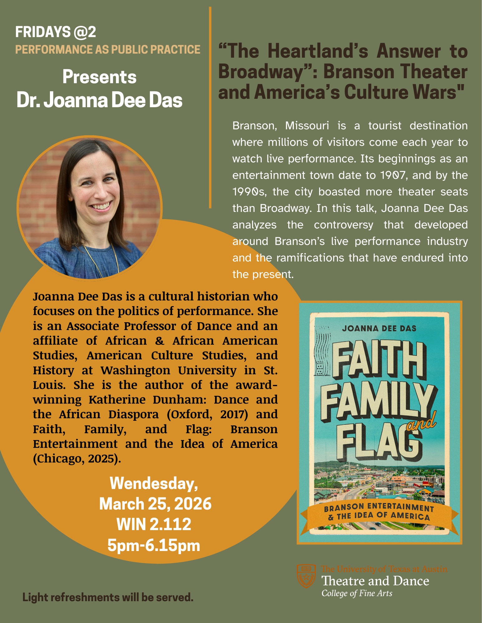 Book talk on Faith, Family, and Flag at UT Austin. Image of author Joanna Dee Das and explanation fo talk