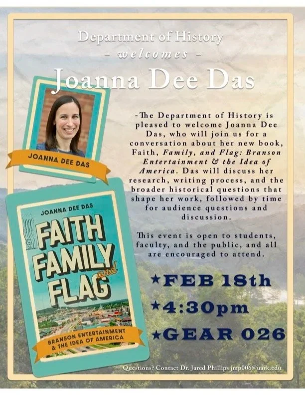 Flyer for Faith, Family, and Flag Book Talk at University of Arkansas. Picture of author Joanna Dee Das