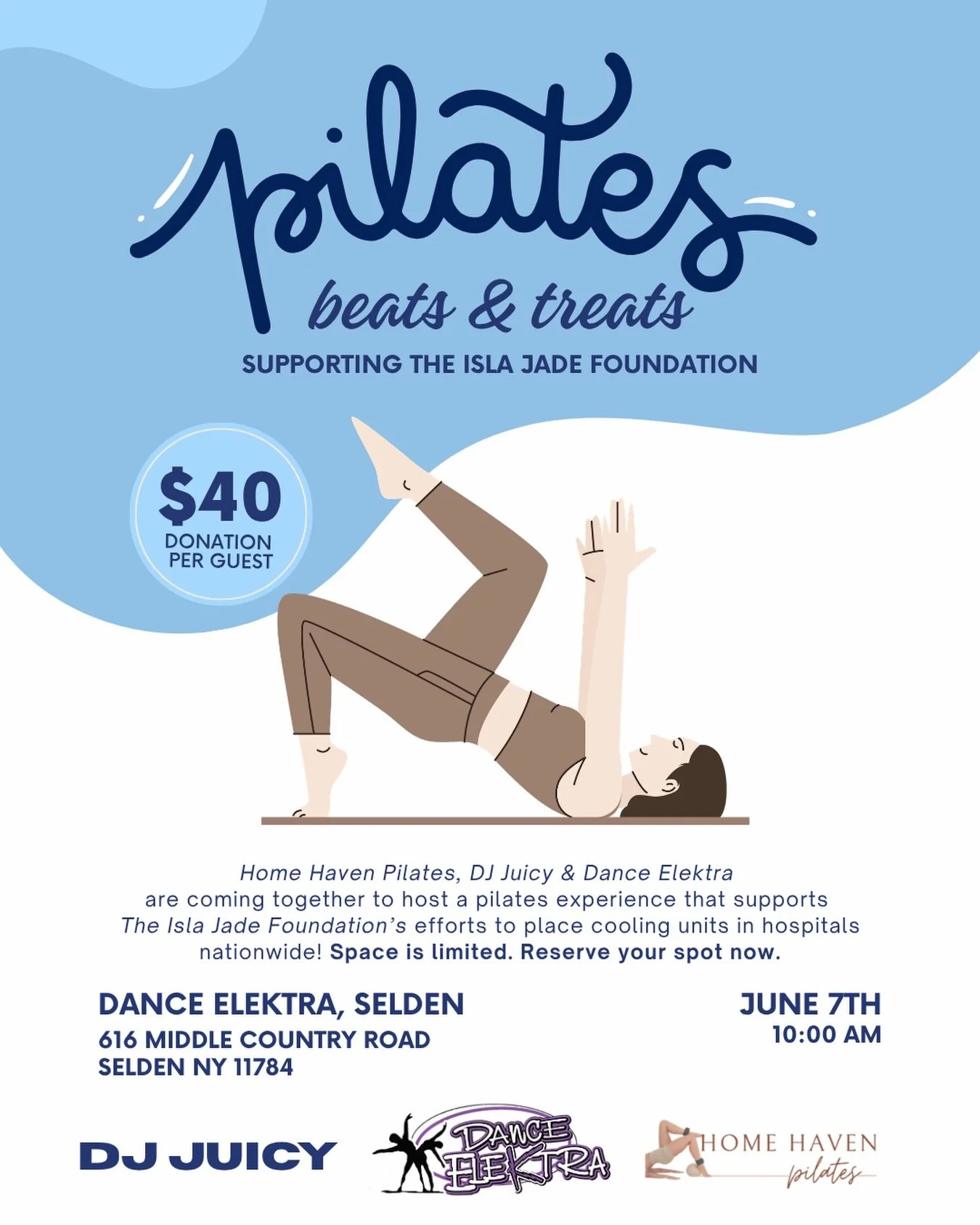 Join us for Pilates, Beats &amp; Treats! A morning of movement, music, and community, hosted in partnership with @homehavenpilates @djjuicyxx and @danceelektra 🤍

Every ticket supports The Isla Jade Foundation&rsquo;s mission to provide families wit