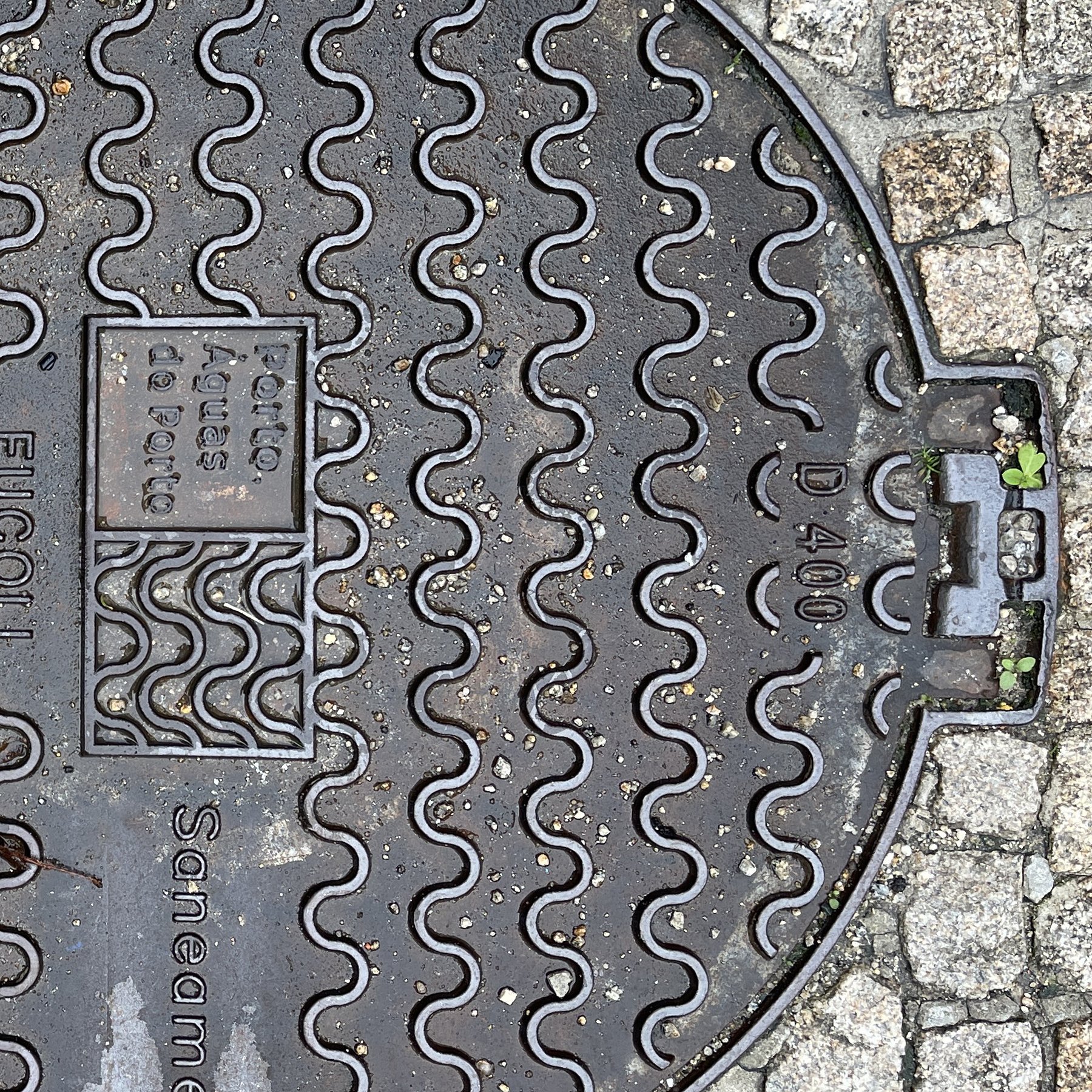 European sidewalk with stylish metal cover and teensy green volunteers