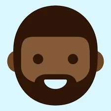 Visage cartoon d'homme avec barbe et fond bleu clair.