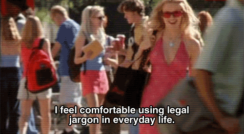 Reese Witherspoon walking in a pink dress from Legally Blonde with text that reads "I feel comfortable using legal jargon in everyday life."