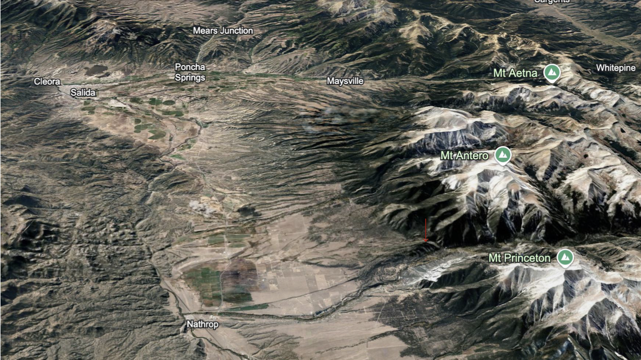 Satellite view of a mountainous area with several peaks labeled, including Mount Antero, Mount Princeton, and Mount Aetna. The landscape features rugged terrain, snow-capped peaks, and dirt roads, with some agricultural fields visible near Nathrop, Colorado.
