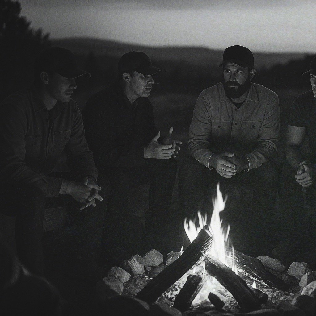 A group of five people sitting around a campfire in a dark outdoor setting, engaged in conversation.