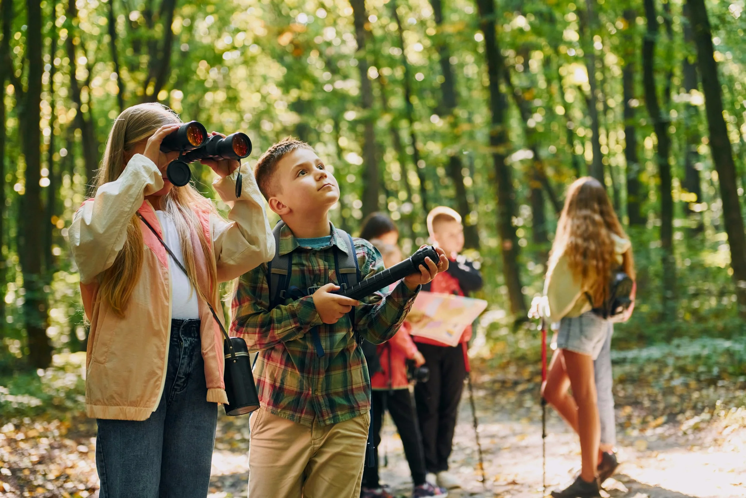 Children on a forest hike, some looking through binoculars and a map, surrounded by tall trees and green foliage.