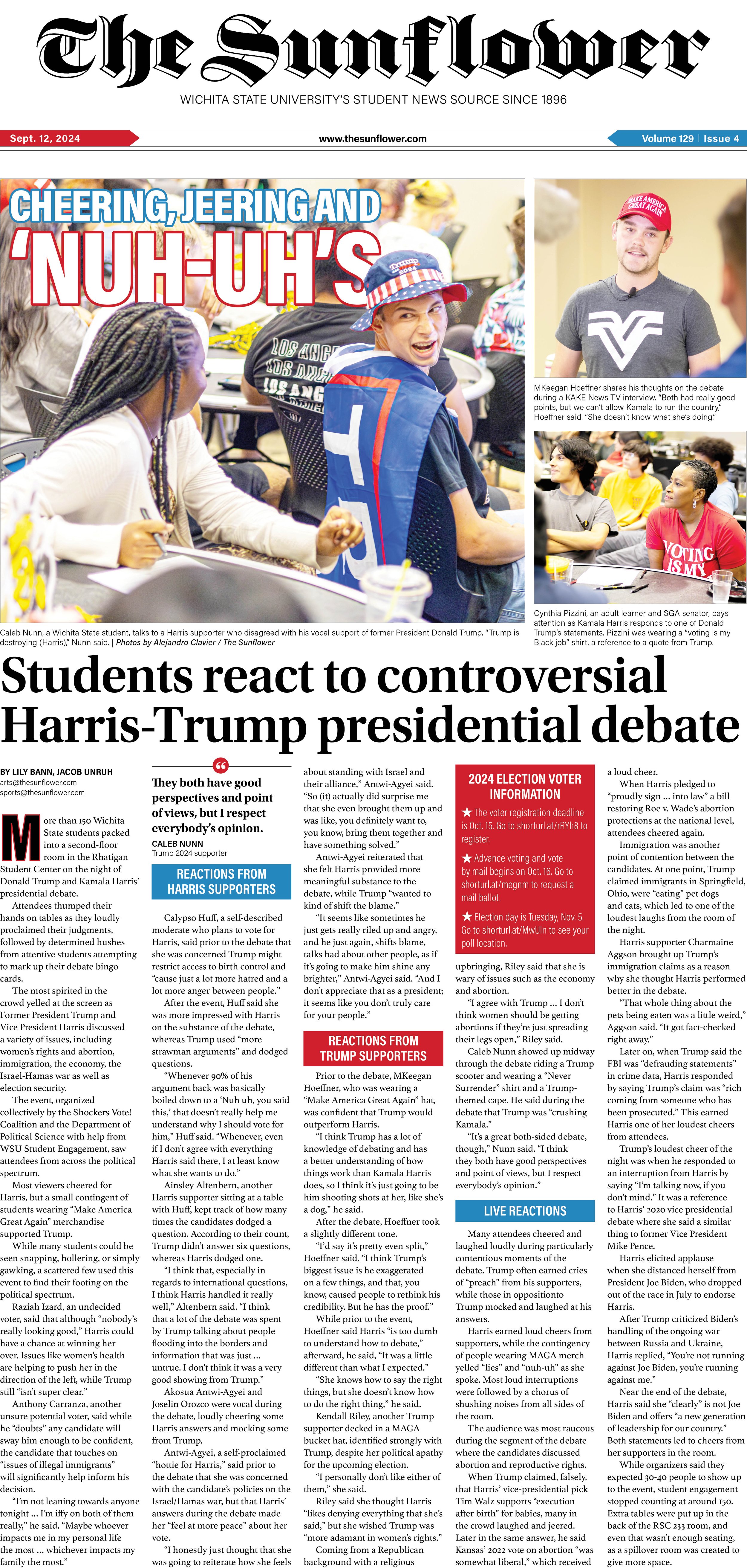 As a precursor to election season, The Sunflower covered a presidential debate and gathered student voices and opinions. I experimented with an Americana color palette and symbolism paired with wonderfully bold and expressive photography.