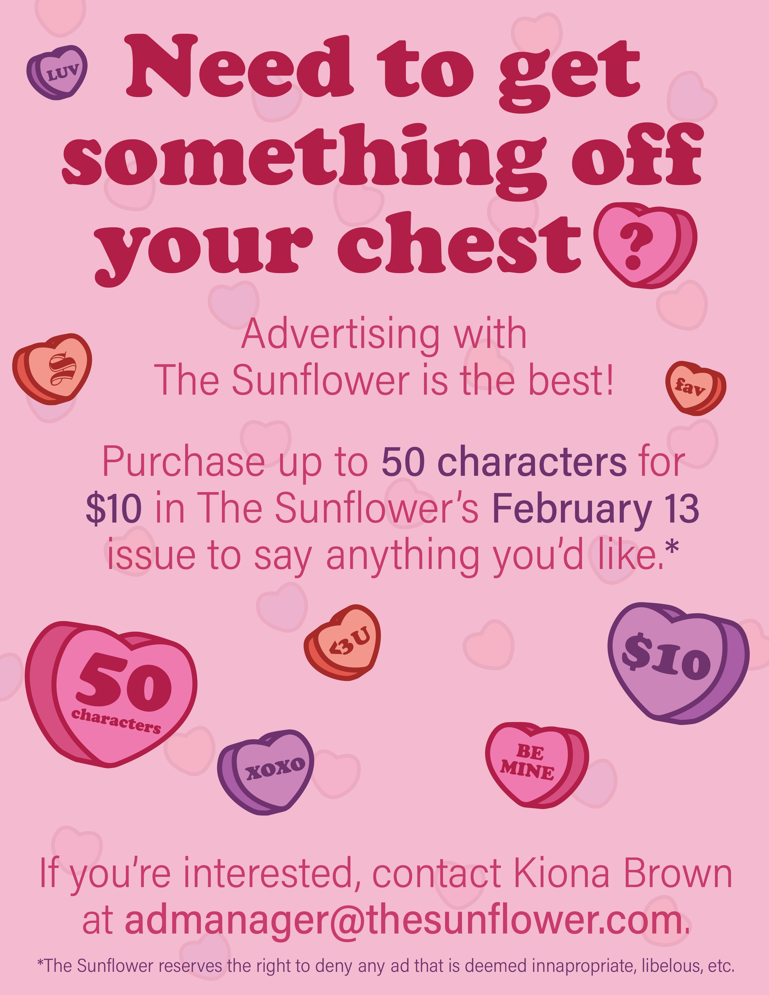 Combining a cute rhyming scheme with conversation hearts? Nothing says "Valentine's Day" more than that. I used previous font pairings for this flyer.