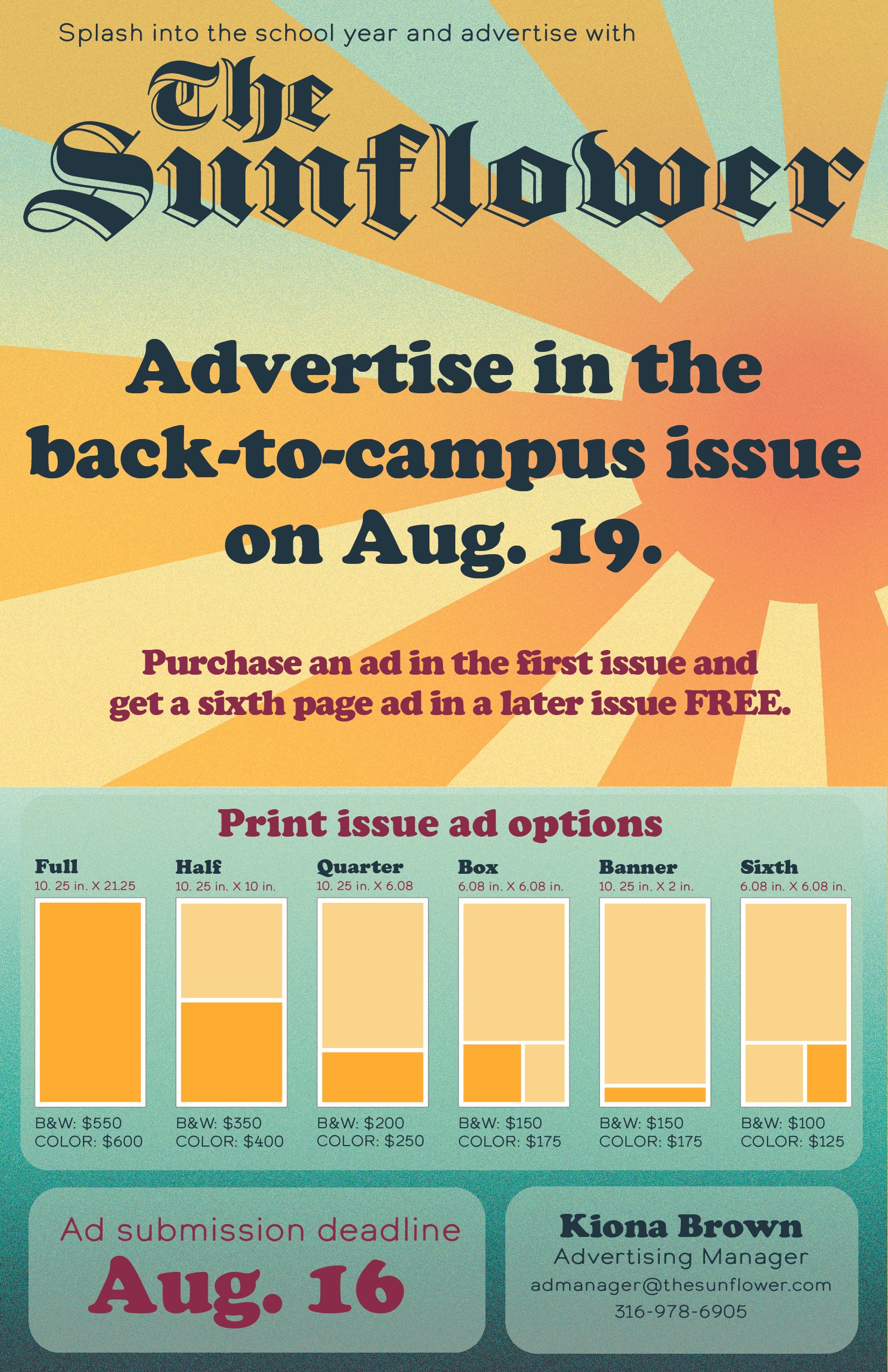 For this flyer, the goal was to tie in summer themes with the back-to-campus issue to sell ads. I went for an 80s summer camp theme with contrasting bright yellows and oranges, a deep maroon and muted blues.