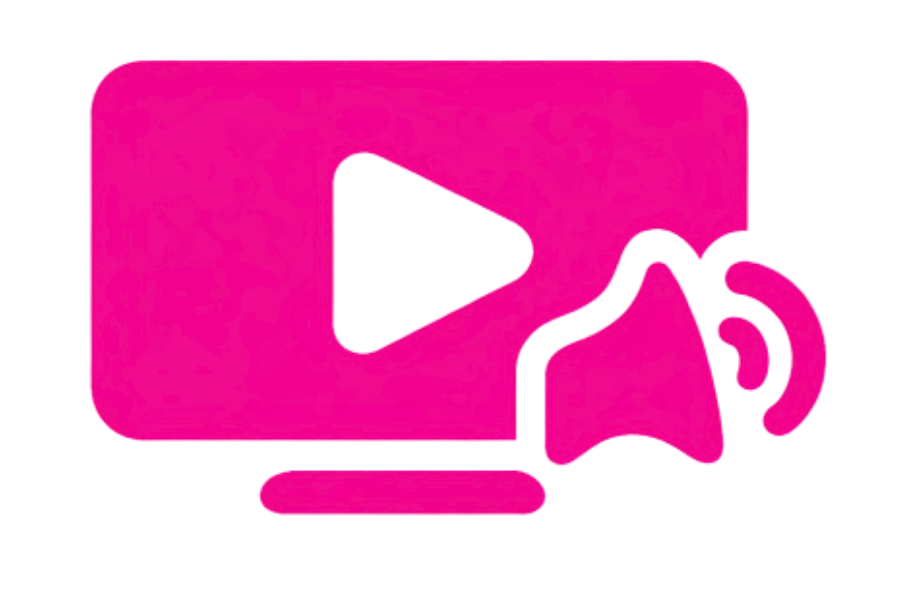 Stylized pink YouTube play button with a broken film reel or abstract design to the right.