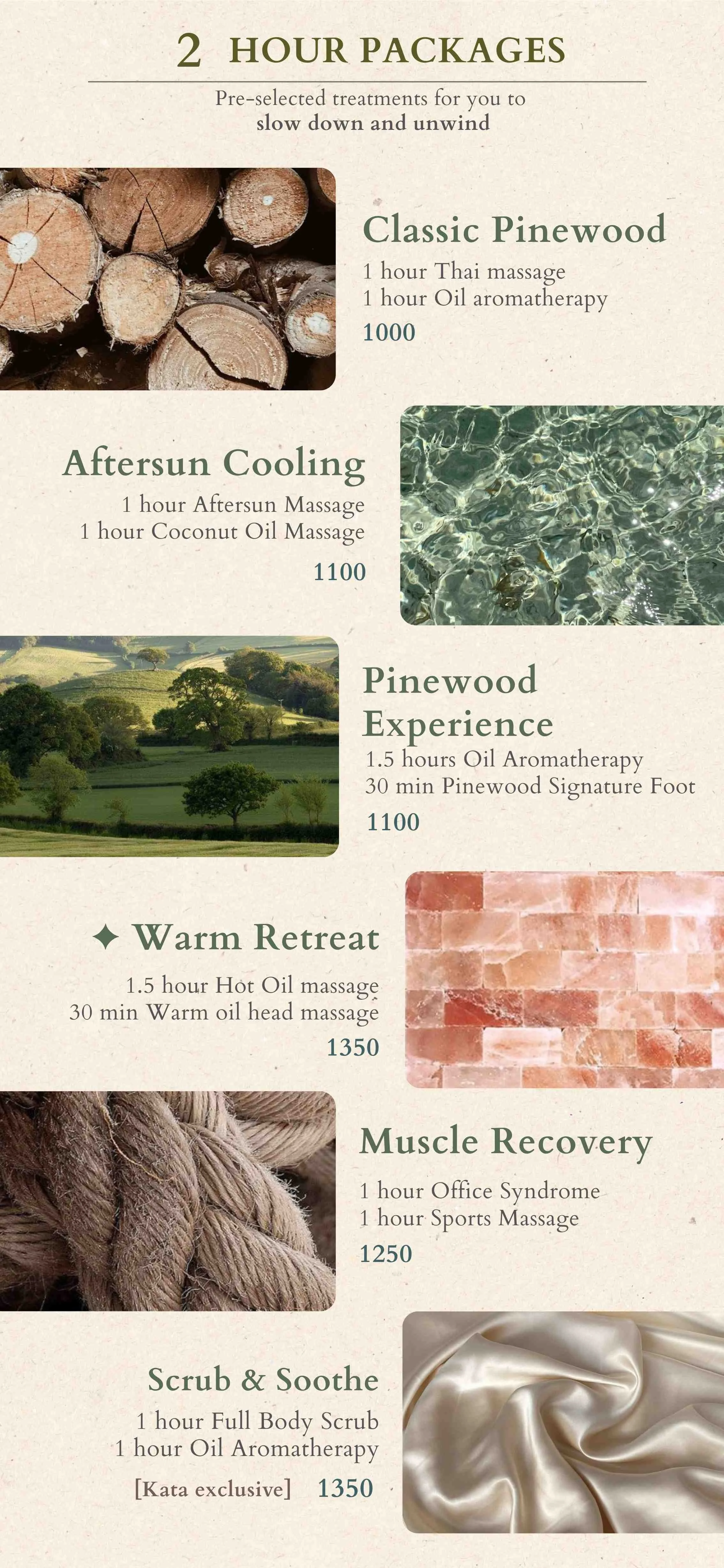 A spa menu listing various treatment packages including classic pinewood, aftersun cooling, pinewood experience, warm retreat, muscle recovery, and scrub & soothe, each with descriptions, durations, and prices, accompanied by images of stacked logs, water, a landscape, Himalayan salt bricks, a rope, and silk fabric.