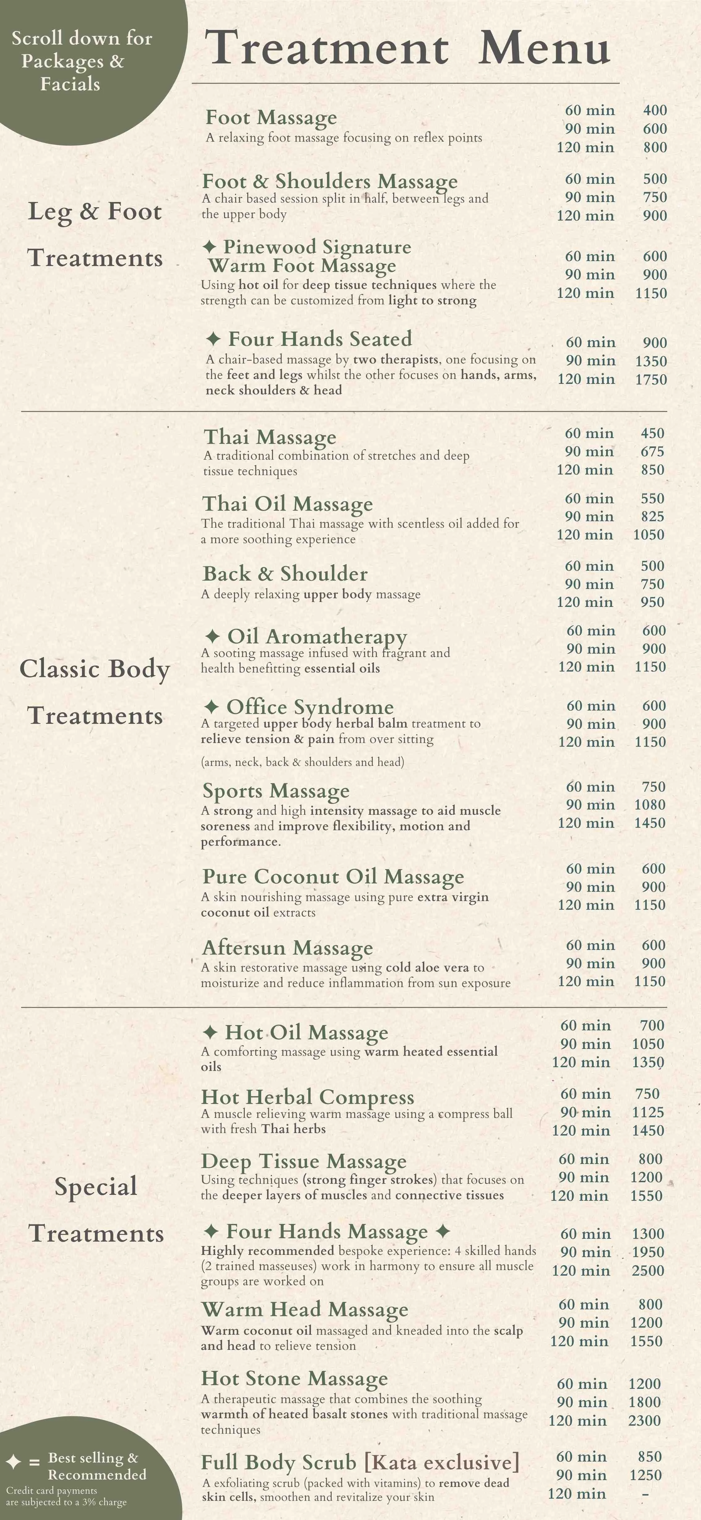 This is a treatment menu offering various massage treatments. It is divided into categories such as Foot & Shoulder, Classic Body, and Special treatments. Treatments include Foot Massage, Thai Massage, Back & Shoulder Massage, Oil Aromatherapy, Office Syndrome Therapy, Sports Massage, Pure Coconut Oil Massage, After sun Massage, Hot Oil Massage, Hot Herbal Compress, Deep Tissue Massage, and more. Each treatment lists duration and price, with notable services like Four Hands Seated, Warm Foot Massage, and Full Body Scrub.