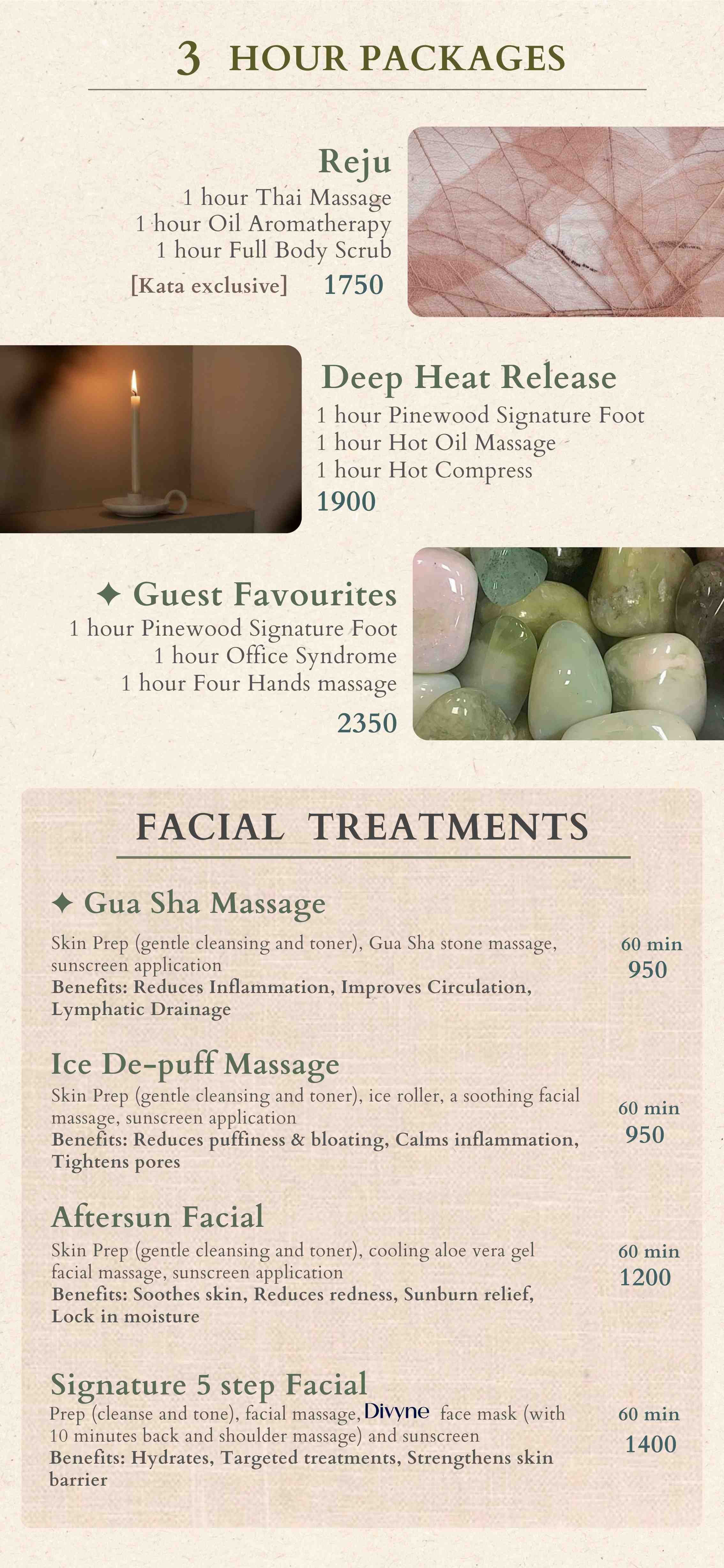 A spa or beauty salon menu listing packages and facial treatments, including descriptions and prices, with images of a candle, rocks, and stones.