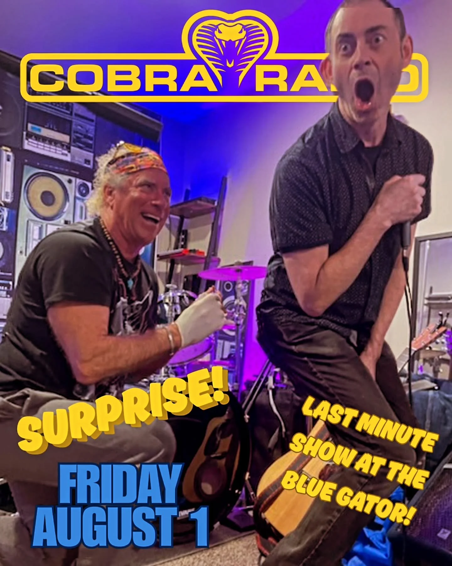 We're doing a one night only stop at the Blue Gator this Friday!  Hope to see some friends out.  Music at 9:15 til 1am, $10 at the door, Crank the Cobra. 🐍 📻