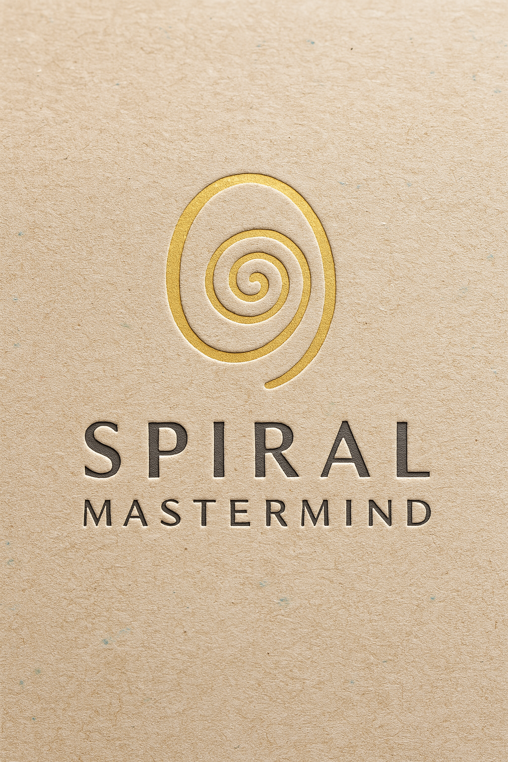 Beige textured background with a gold spiral logo above the words 'Spiral Mastermind' in black.