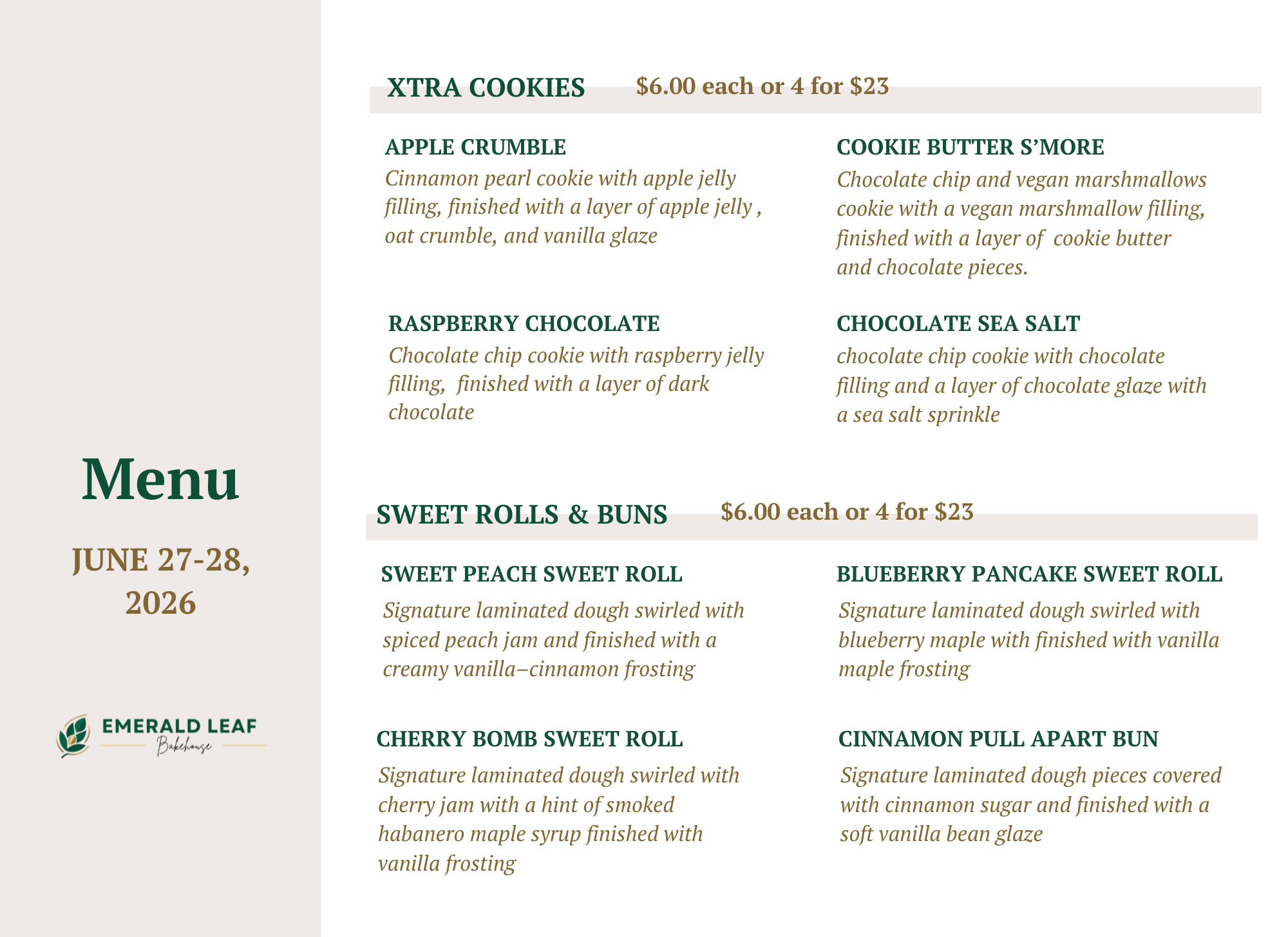 Close-up image of a bakery menu listing various cookies and sweet rolls, with descriptions and prices, at Emerald Leaf Bakehouse.