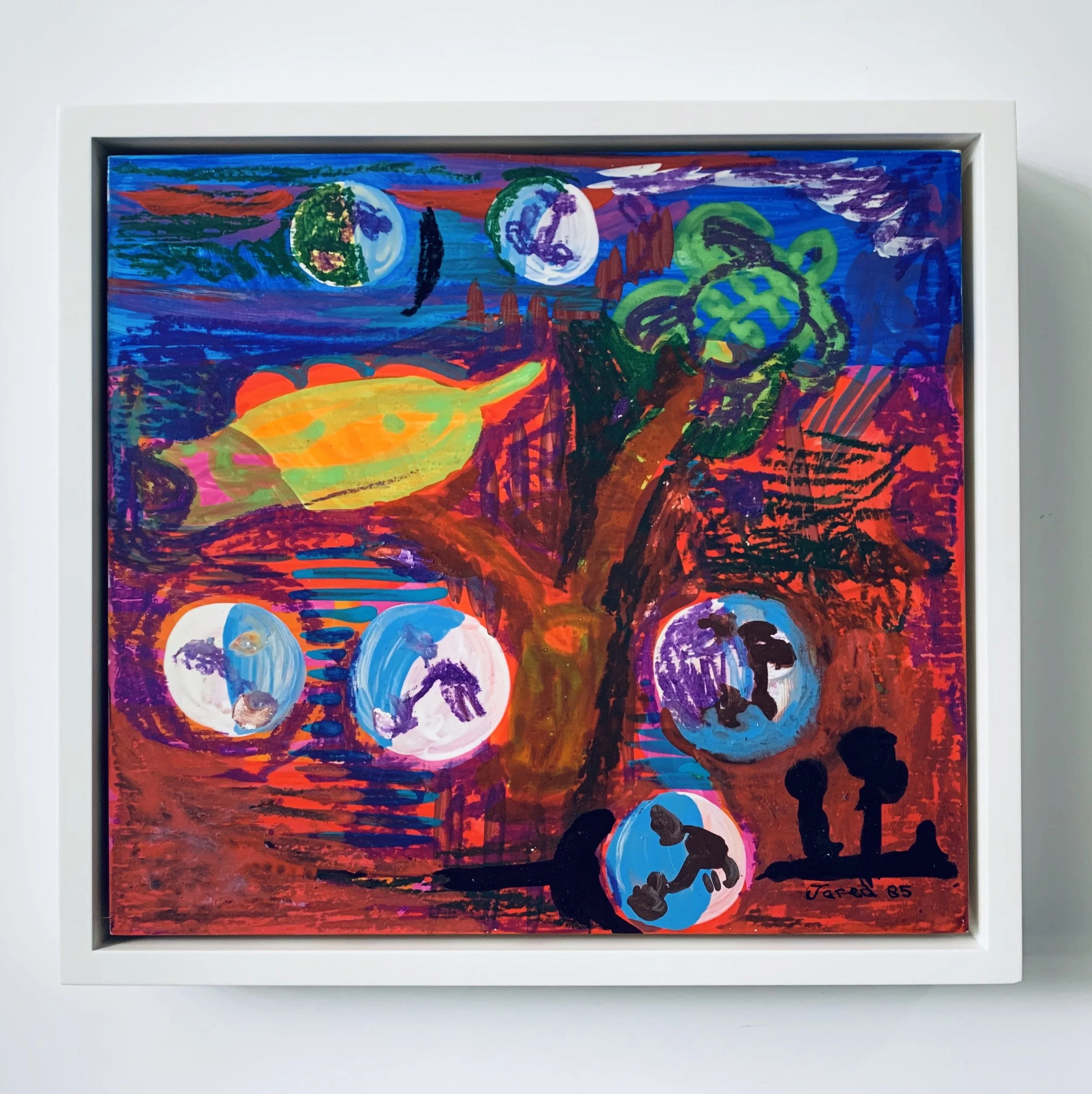 Through The Night, 1985, Gouache & oil stick on masonite, 8.38 x 9.25 inches