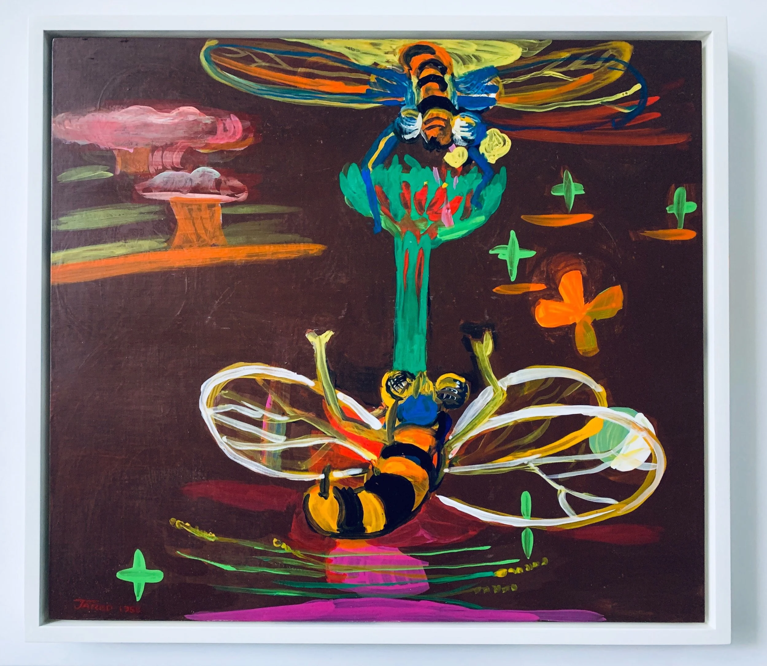 One Bee Coming to the Aid of Another, 1985, Gouache and black ink on masonite, 14 x 15.63 inches
