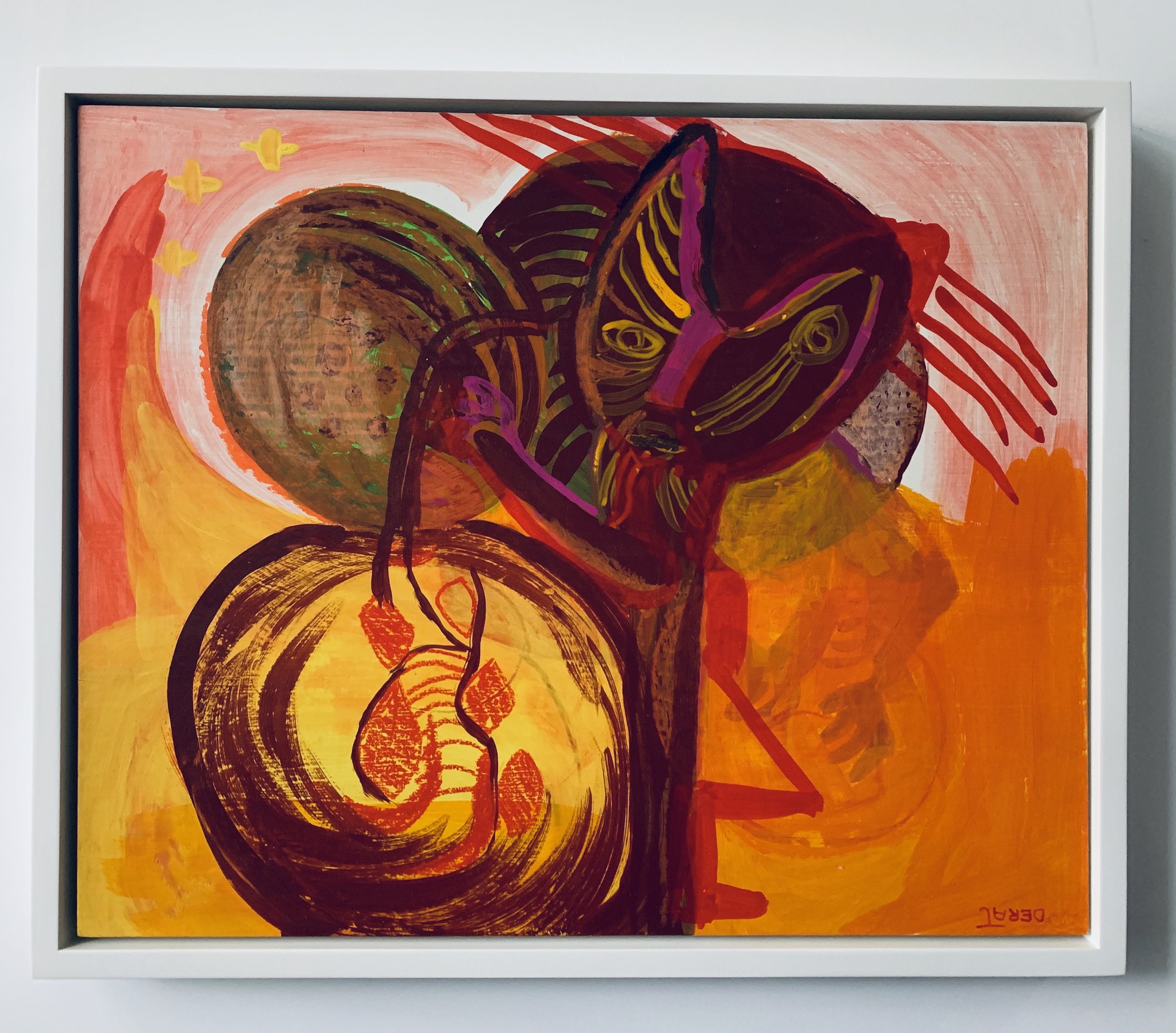 Cat with Ball of String, 1985, Gouache on masonite, 11 x 13.5 inches
