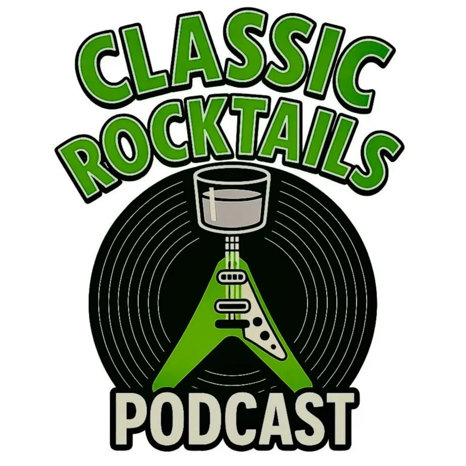 Logo for the 'Classic Rocktails Podcast' featuring a green electric guitar with a record behind it, a cocktail glass on top, and text in green and black.