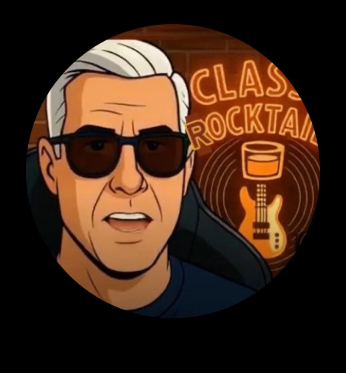 Cartoon image of an older man with white hair wearing sunglasses. Behind him, on a brick wall, there is a neon sign with the words 'Classic Rocktav' and showing a glass, electric guitar, and a vinyl record.