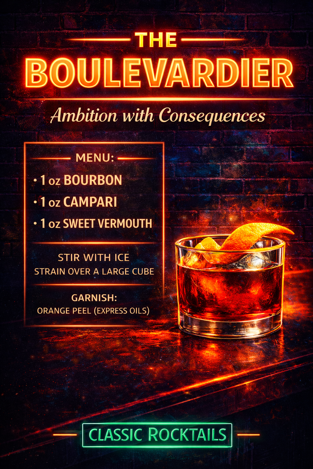 Neon sign menu for a cocktail called The Boulevardier with ingredients: bourbon, Campari, sweet vermouth, garnished with orange peel, served over ice. Background features brick wall and a glass of cocktail with orange peel.
