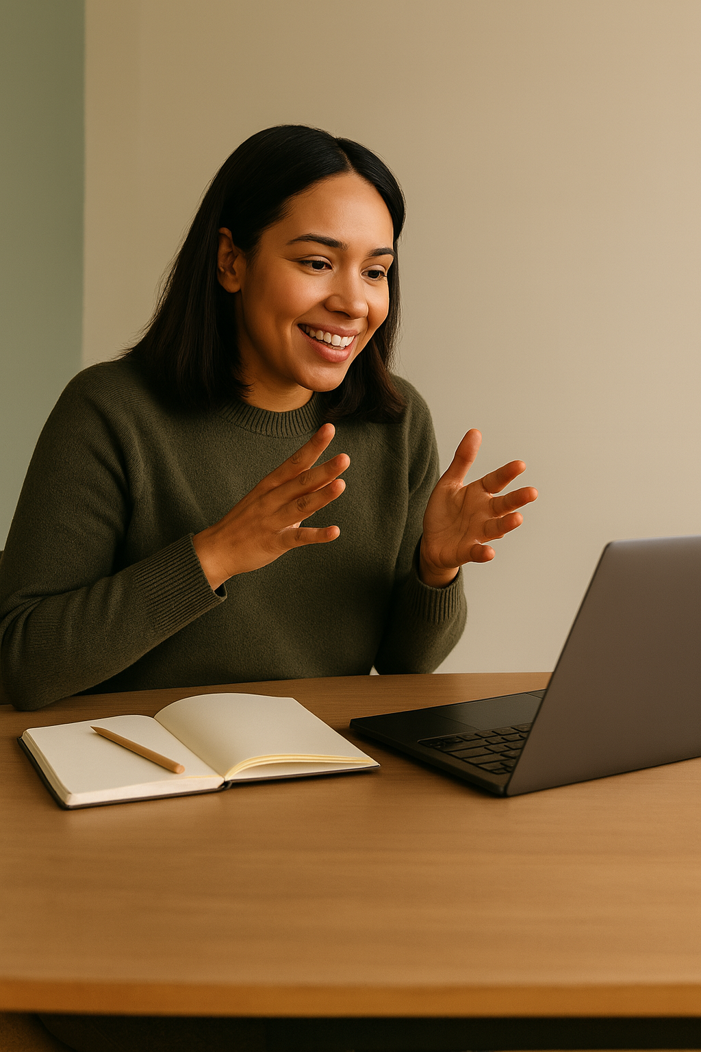 A woman smiling and gesturing excitedly while sitting at a desk with a laptop, an open notebook, and a pen.