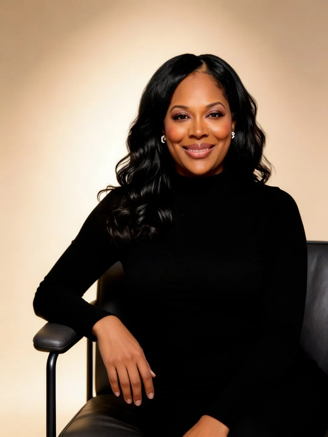 A woman with long black wavy hair, wearing a black top and pearl earrings, sitting on a black chair and smiling at the camera.