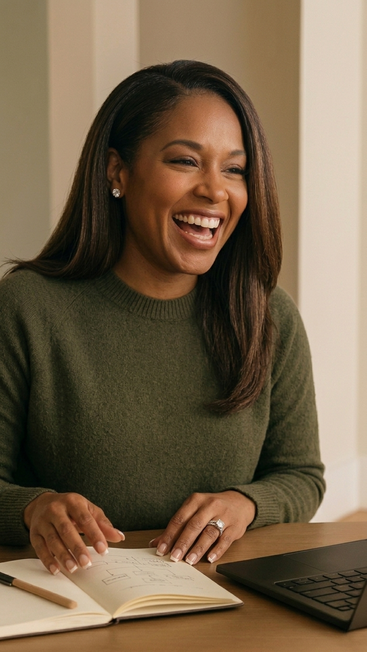 A woman with long brown hair smiling and laughing while sitting at a desk with a notebook and a laptop.