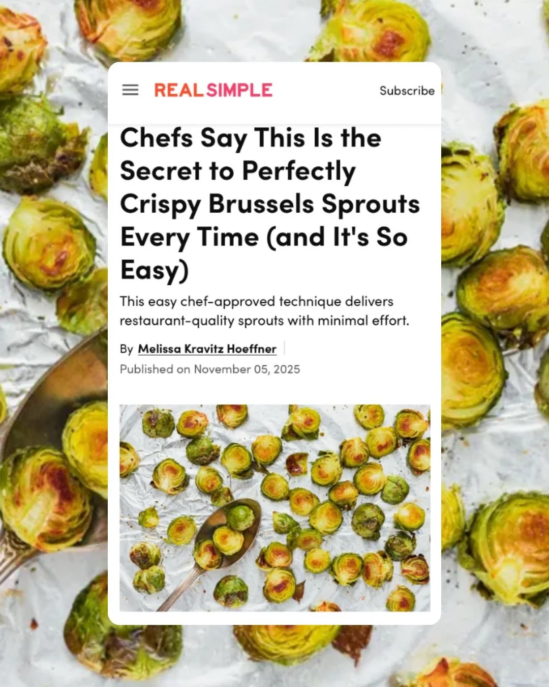 Chef @mattabdoo knows the secret to perfect brussel sprouts 🙌 I know what I&rsquo;ll be making next week! Thank you @real_simple for the love 🫶
