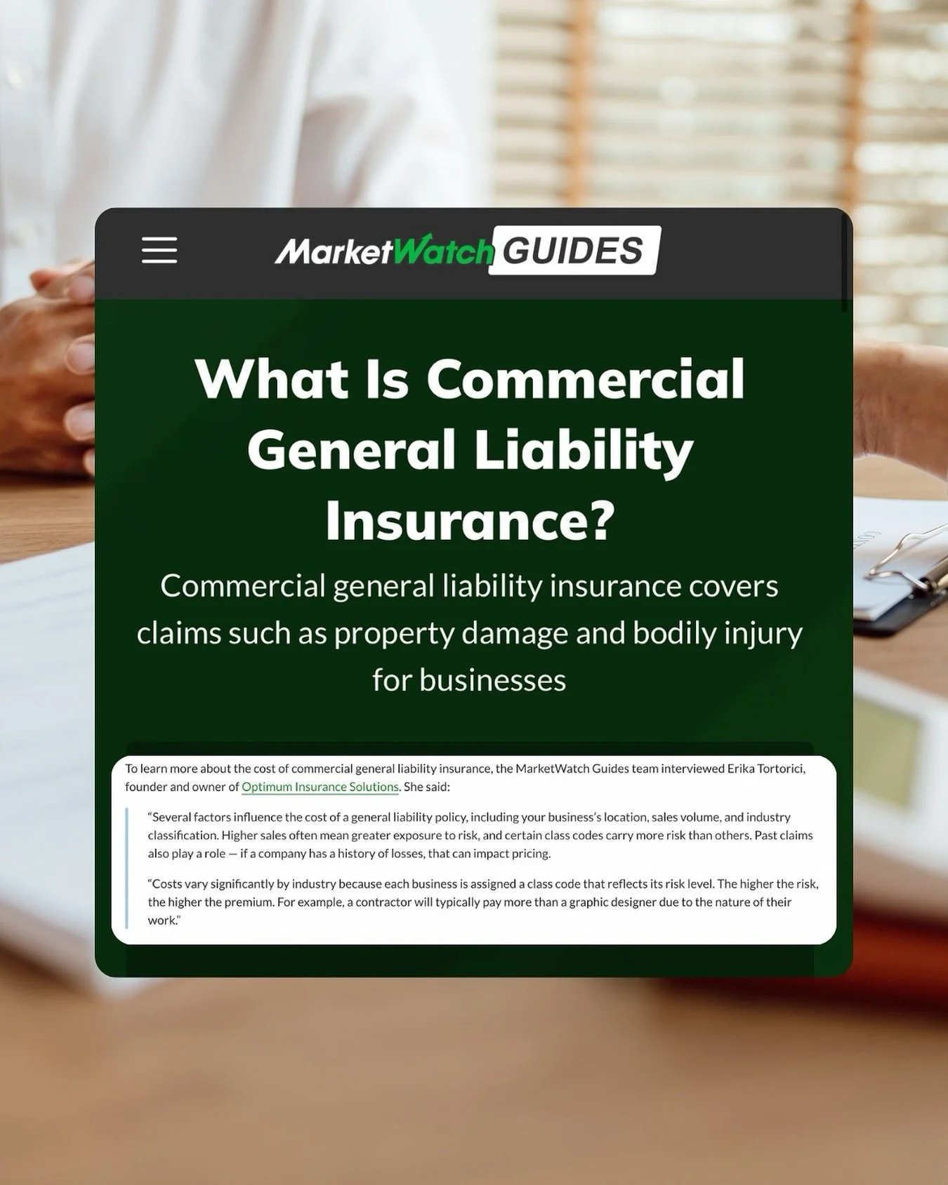 Expanding your clients' visibility across various platforms is key to boosting credibility and reach. @erikanicoletor, founder of @optimum.insurance, was featured in @marketwatch's commercial general liability insurance guide, demonstrating the value