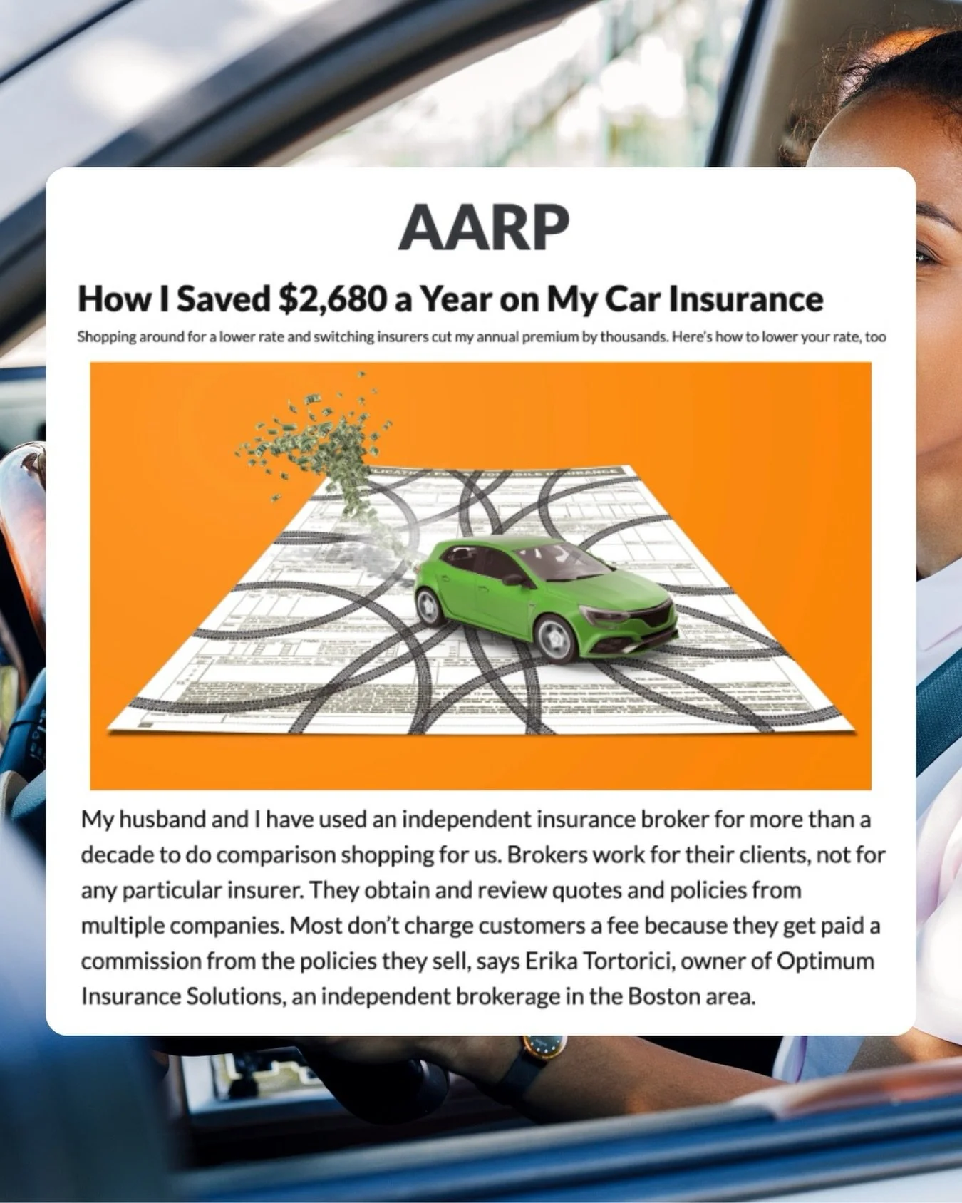 The best way to save on car insurance? Work 👏 with 👏 an 👏 agent! @erikanicoletor, founder of @optimum.insurance shares the scoop with @aarp &mdash; it&rsquo;s completely free to work with an agent!