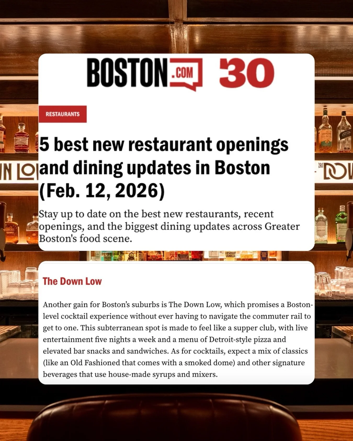 @thedownlowbar&rsquo;s grand opening featured in @boston 🫶 Come check it out and see what the hype&rsquo;s about. 

Thank you @katelyn.umholtz for the mention! 🎉
