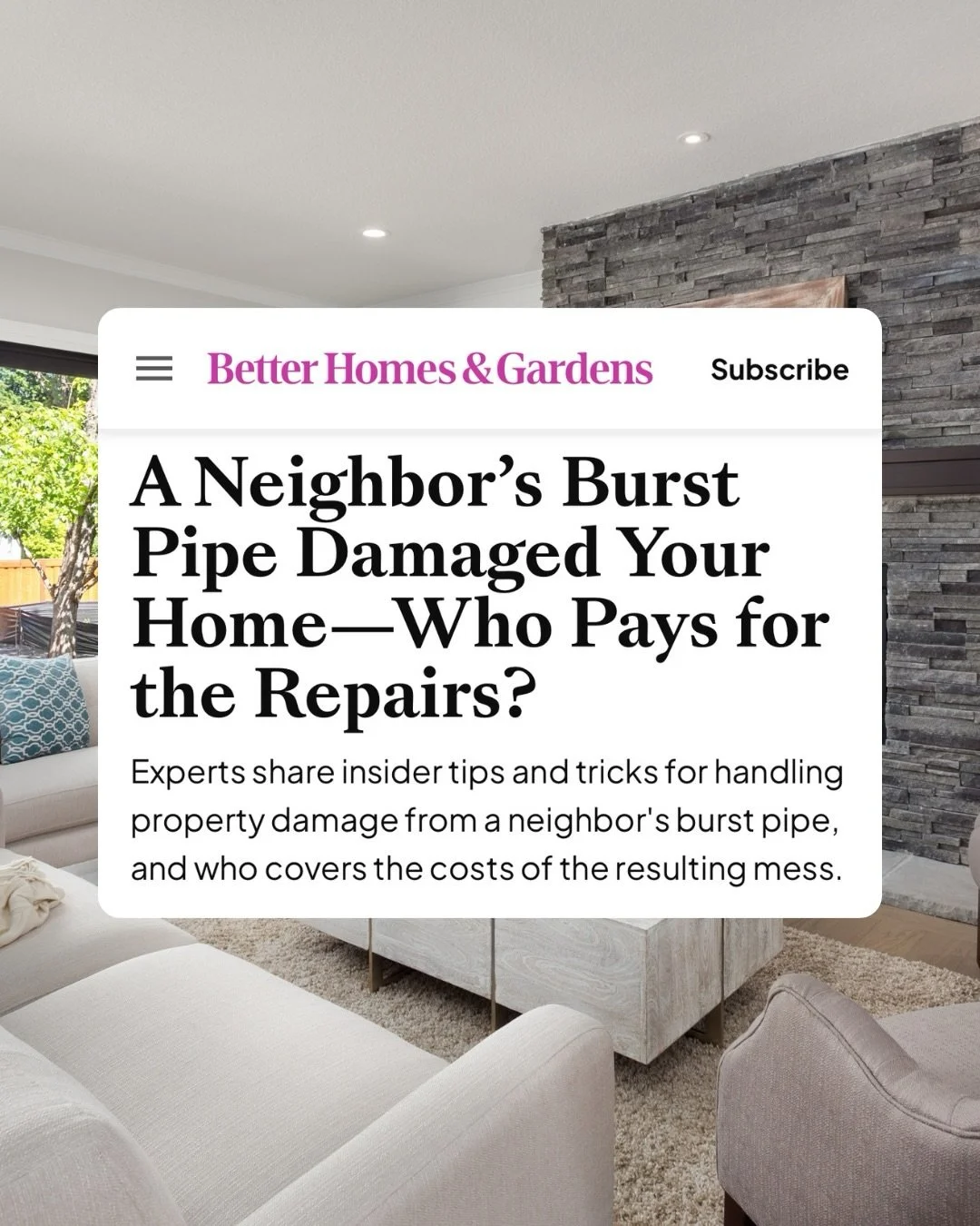 @betterhomesandgardens interviewed @erikanicoletor of @optimum.insurance for her insider tips and tricks for handling property damage from a neighbor&rsquo;s burst pipe. 

TYSM for the feature! 🫶✨