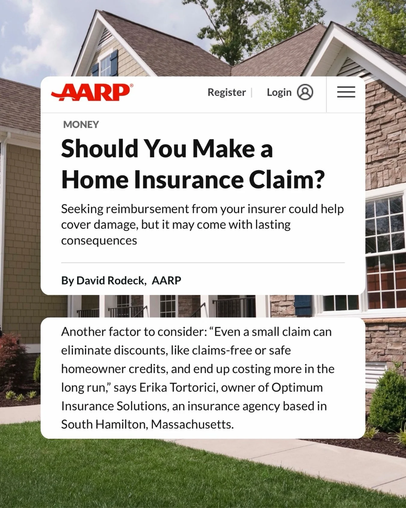 Another great national placement for client @erikanicoletor, owner of @optimum.insurance 
 👏

Erika was featured in a new AARP article sharing expert commentary on what homeowners should consider before filing a home insurance claim. Her insight hig