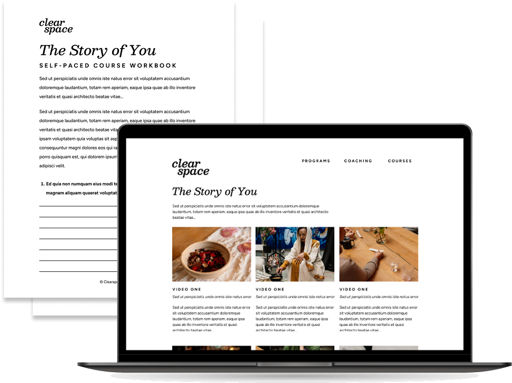 A laptop displaying a website titled 'The Story of You' with navigation links for Programs, Coaching, and Courses, and featuring video thumbnails and text content. Behind it, there is a printed booklet or worksheet with similar content, including text and lines for writing.