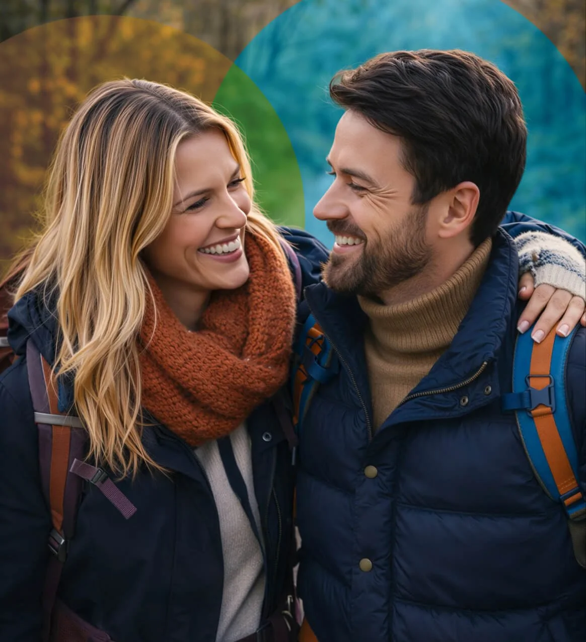 A couple wearing backpacks on a hike, smiling at eachother.