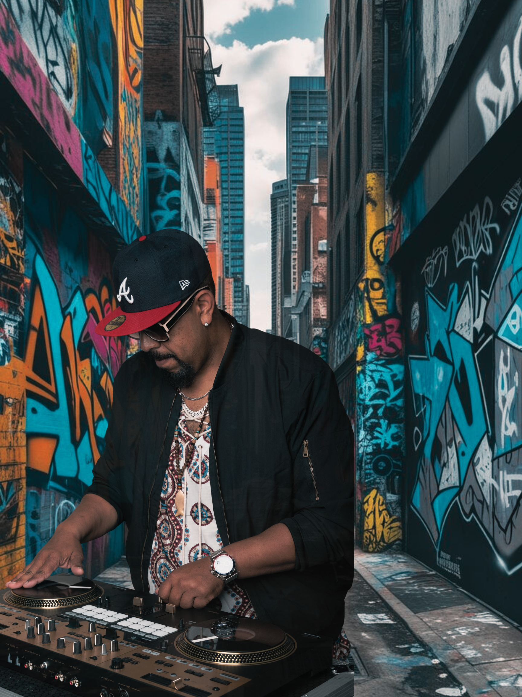 A man wearing a black jacket, patterned shirt, wristwatch, earrings, and a black and red cap is DJing with a turntable and mixer in a graffiti-covered alleyway surrounded by tall city buildings.