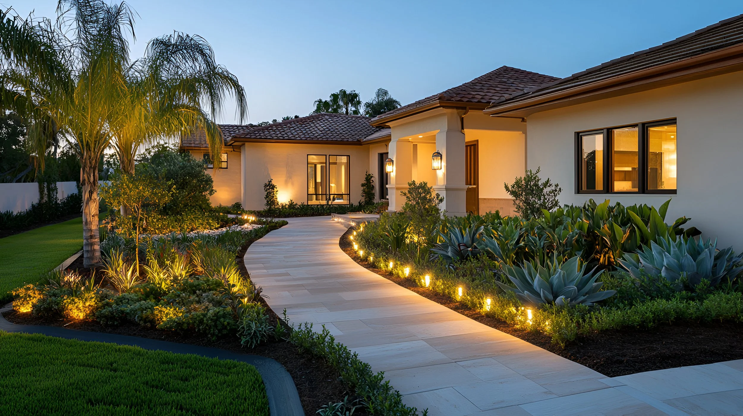 Professional landscape lighting illuminating a Sarasota, FL home and walkway
