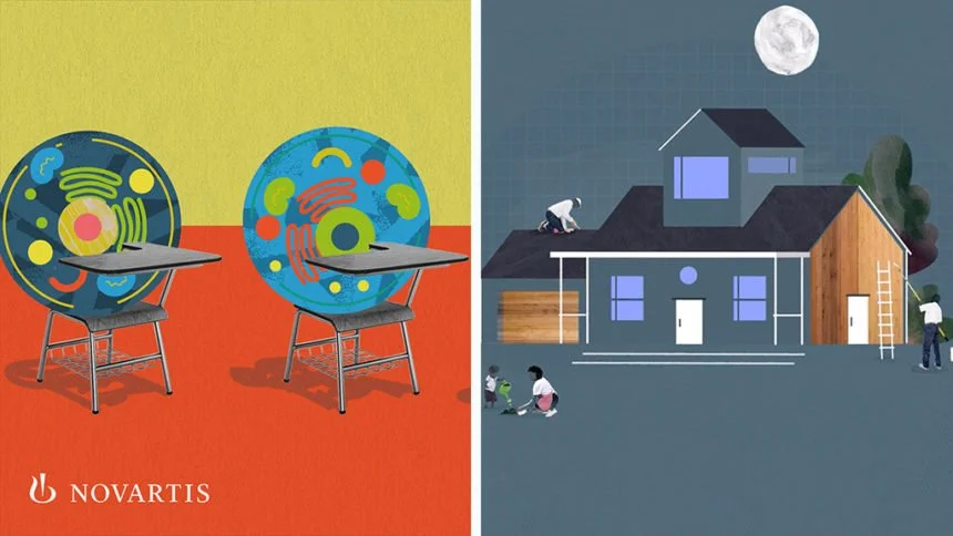 Illustrations from Novartis cell and gene therapy campaign with Vox Media