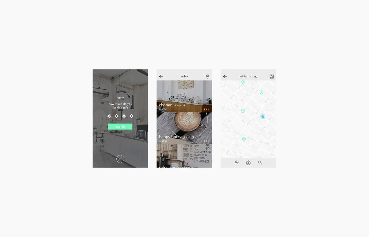 Screenshot of three mobile app screens showing rating a cafe, browsing cafes, and a map view of cafe locations.