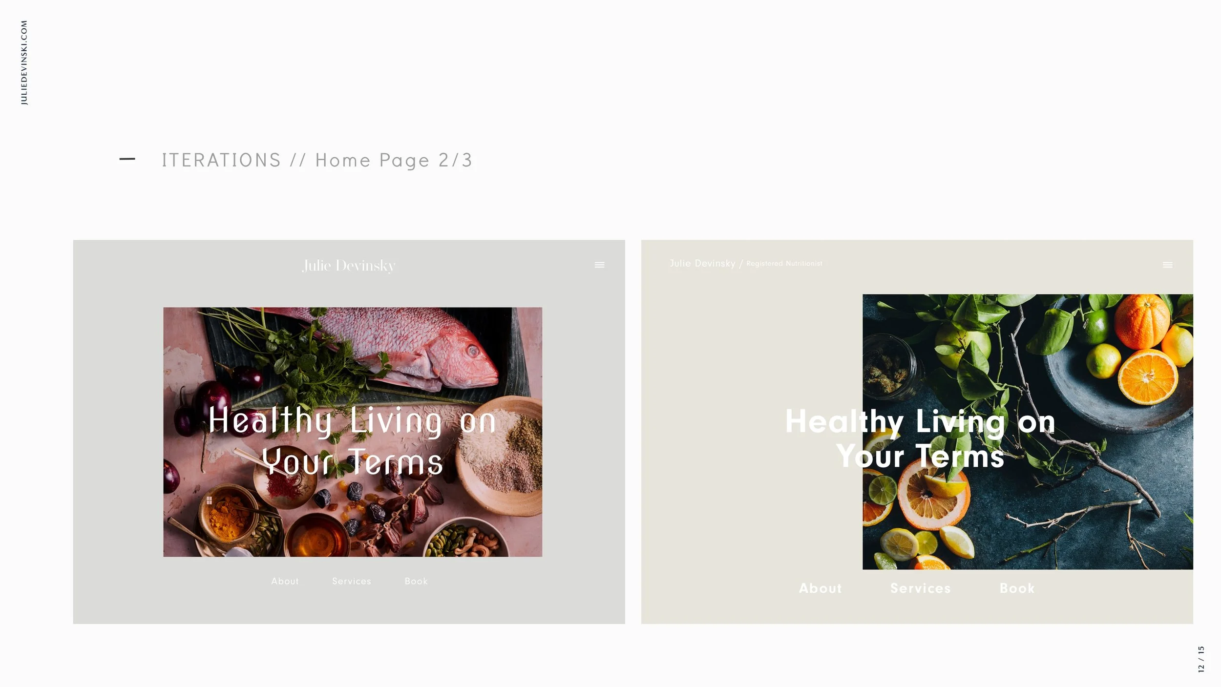 Two website screenshots titled "Healthy Living on Your Terms," one featuring images of raw fish and spices, and the other displaying citrus fruits and green foliage.