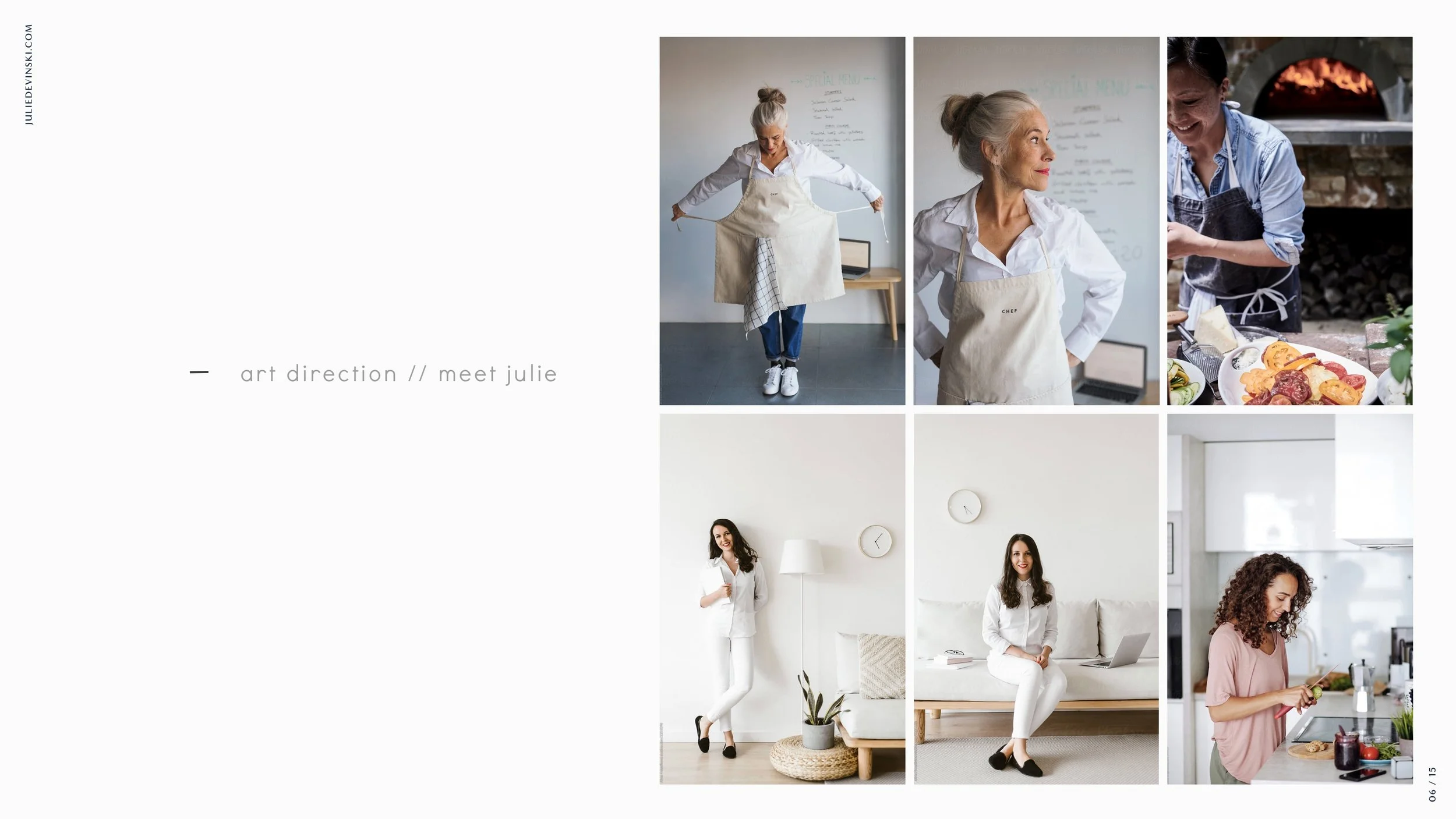 A collage of women in various settings, including a woman in an apron with her arms outstretched, a woman with gray hair smiling, a woman cooking pizza outside by the oven, and women sitting or standing in a white apartment or office.