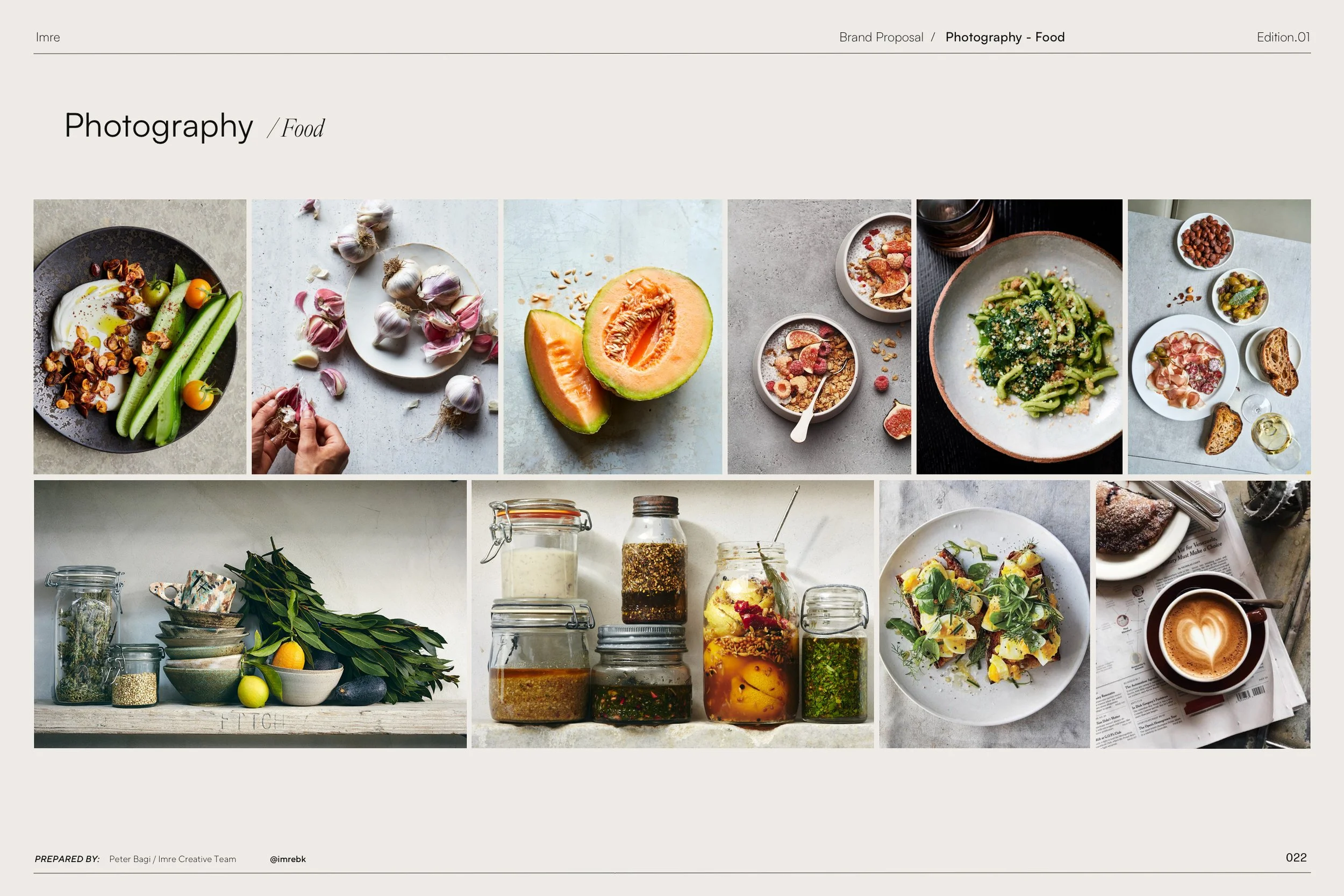 Photographs of food and ingredients including fresh garlic, cantaloupe, a bowl of mixed grains or cereals, a plate of pasta with greens, jars of preserved vegetables, a bowl of assorted nuts, coffee, and various herbs and spices arranged on a table.