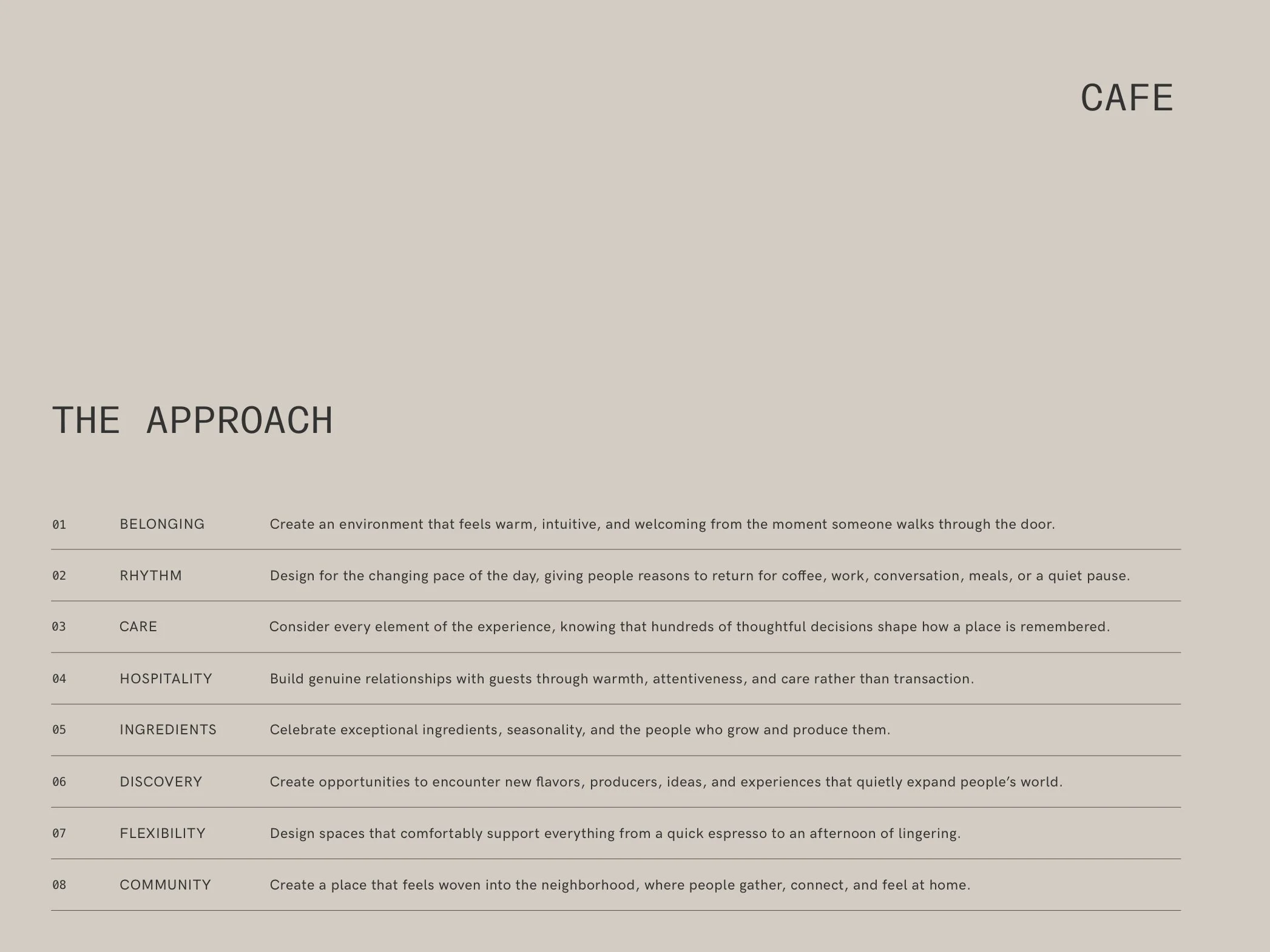 A page from a document or book with the title 'THE APPROACH' and sections numbered 01 to 08, each describing different principles or elements related to creating welcoming, intuitive, and meaningful environments and experiences. The page has a beige 