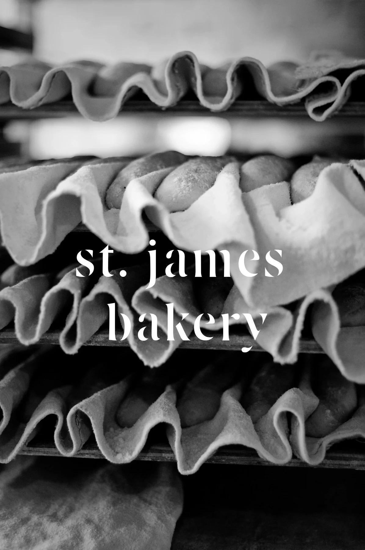 Stacked bakery items with ruffled paper liners, likely muffins or cupcakes, with the text 'st. james bakery' overlaid.