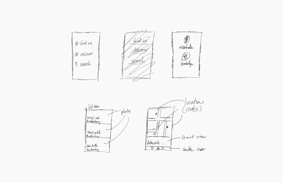 Sketches of mobile app interface designs with different screens and layouts, including menu options, list views, and map views.
