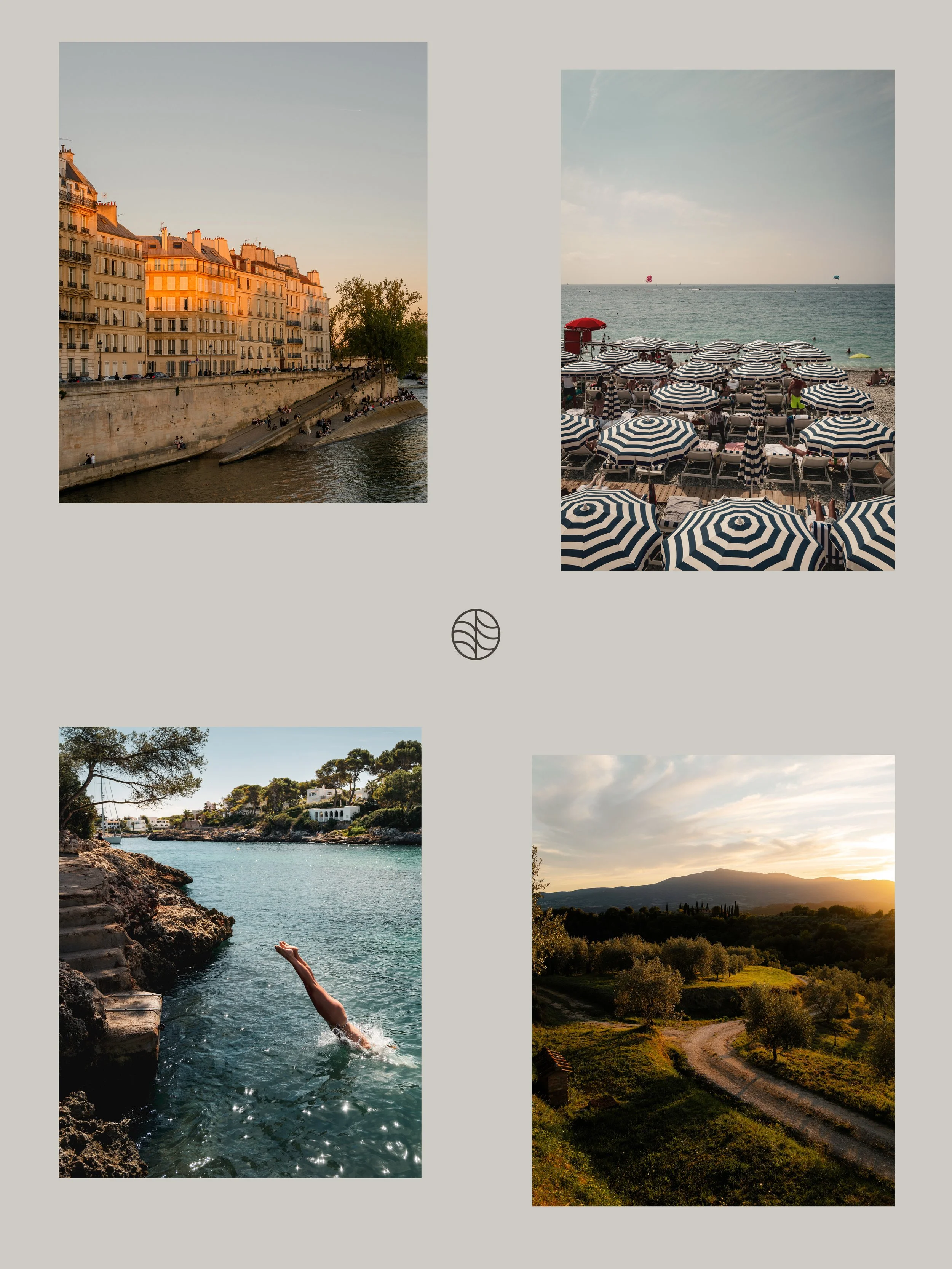 A collage of scenic landscapes including a cityscape along a river with buildings, a beach with umbrellas and the sea, a rocky coastline with a person swimming underwater, and a countryside with rolling hills and trees at sunset.
