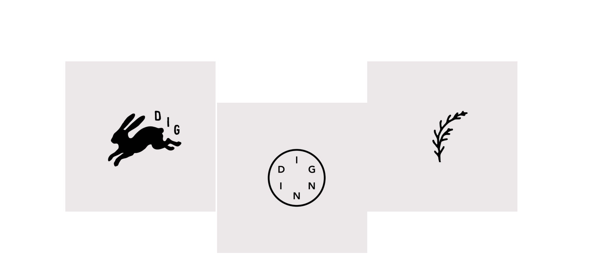 Black silhouette of a rabbit with the word 'DIG' above it, a circular diagram with the word 'DIGGING' around it, and a small plant or sprig on the right side.